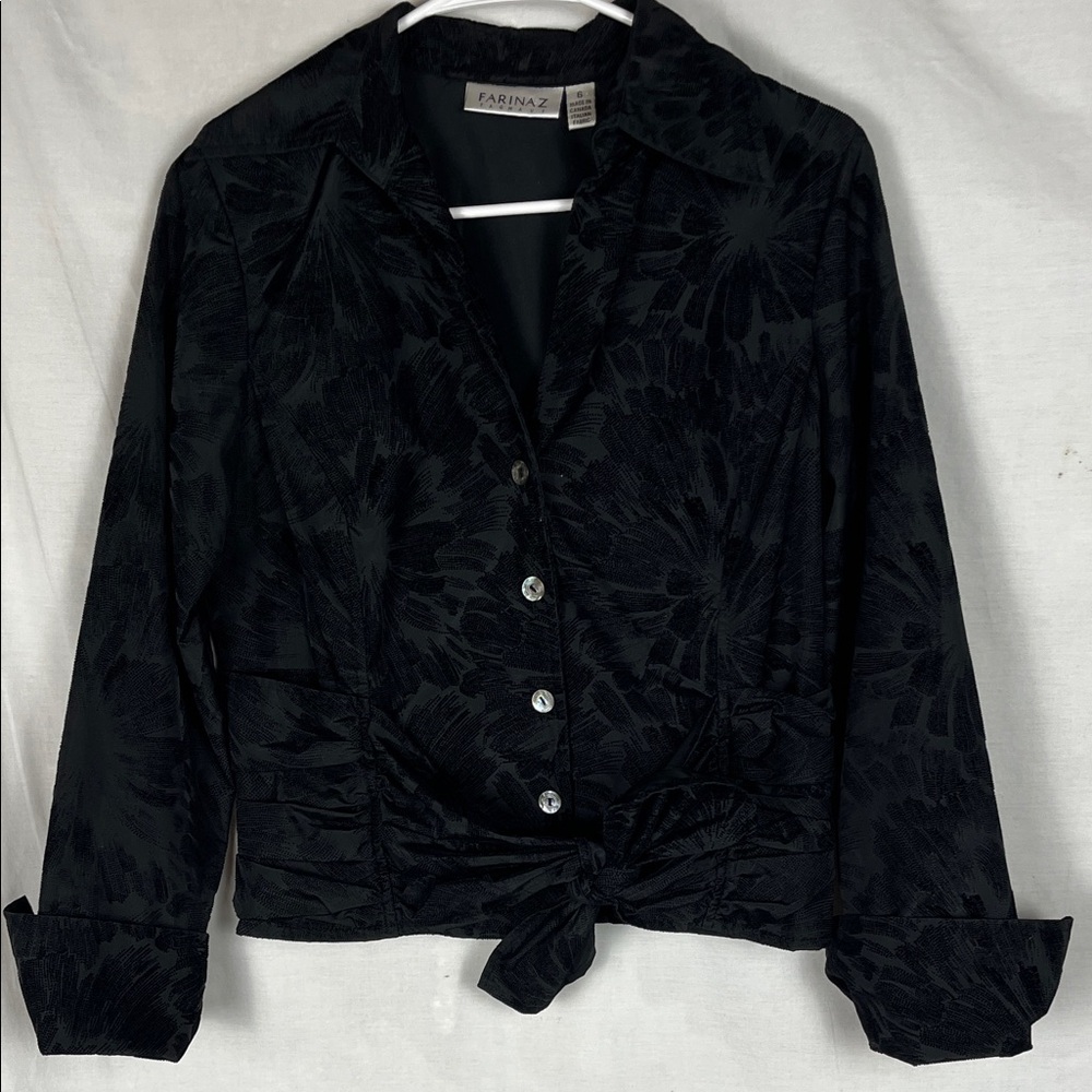 NWOT Farinaz Taghavi Black Floral Blouse with Tie Front and Italian Fabric